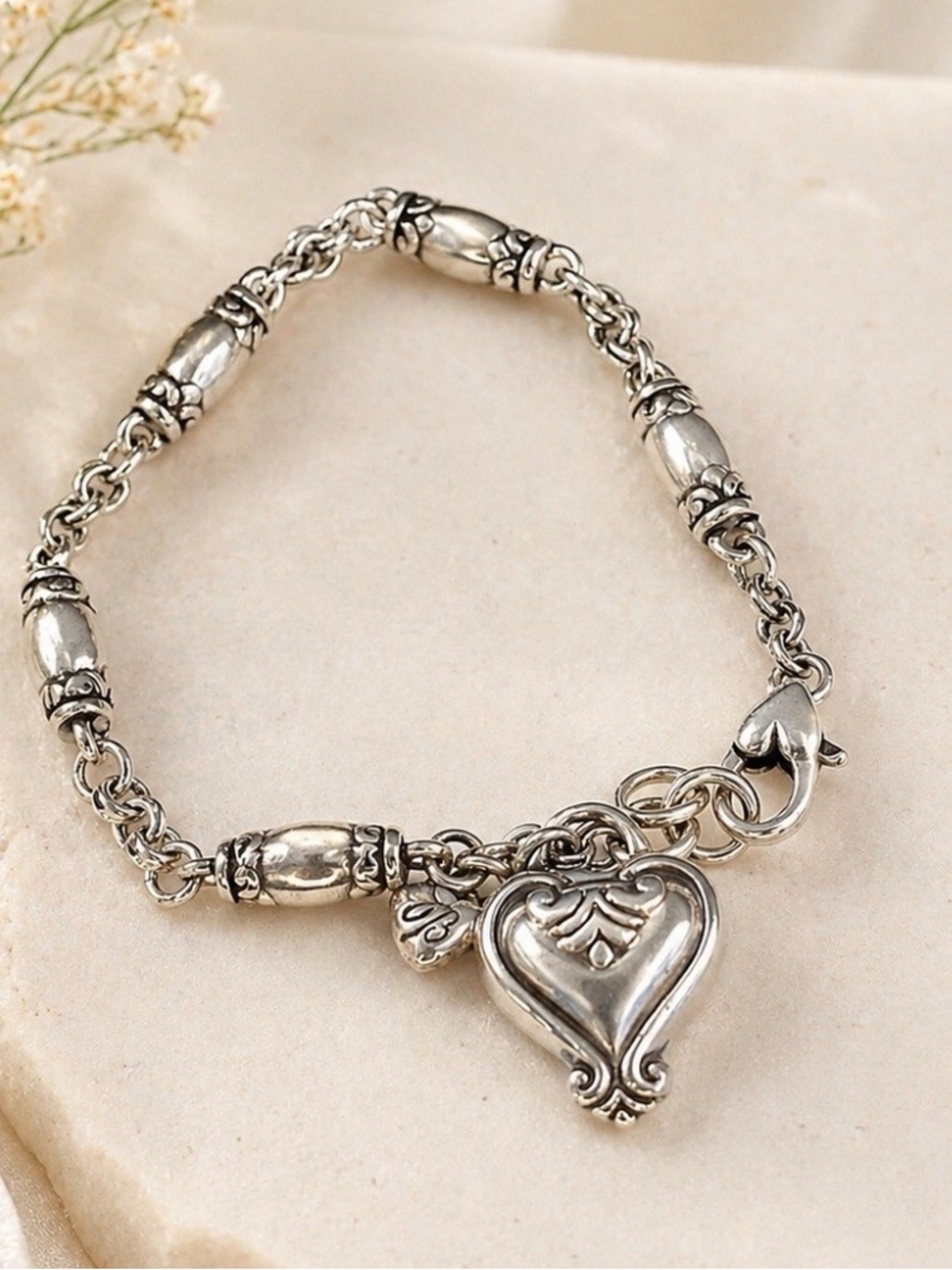 Brighton Blair heart charm bracelet made with silver-plated barrel links